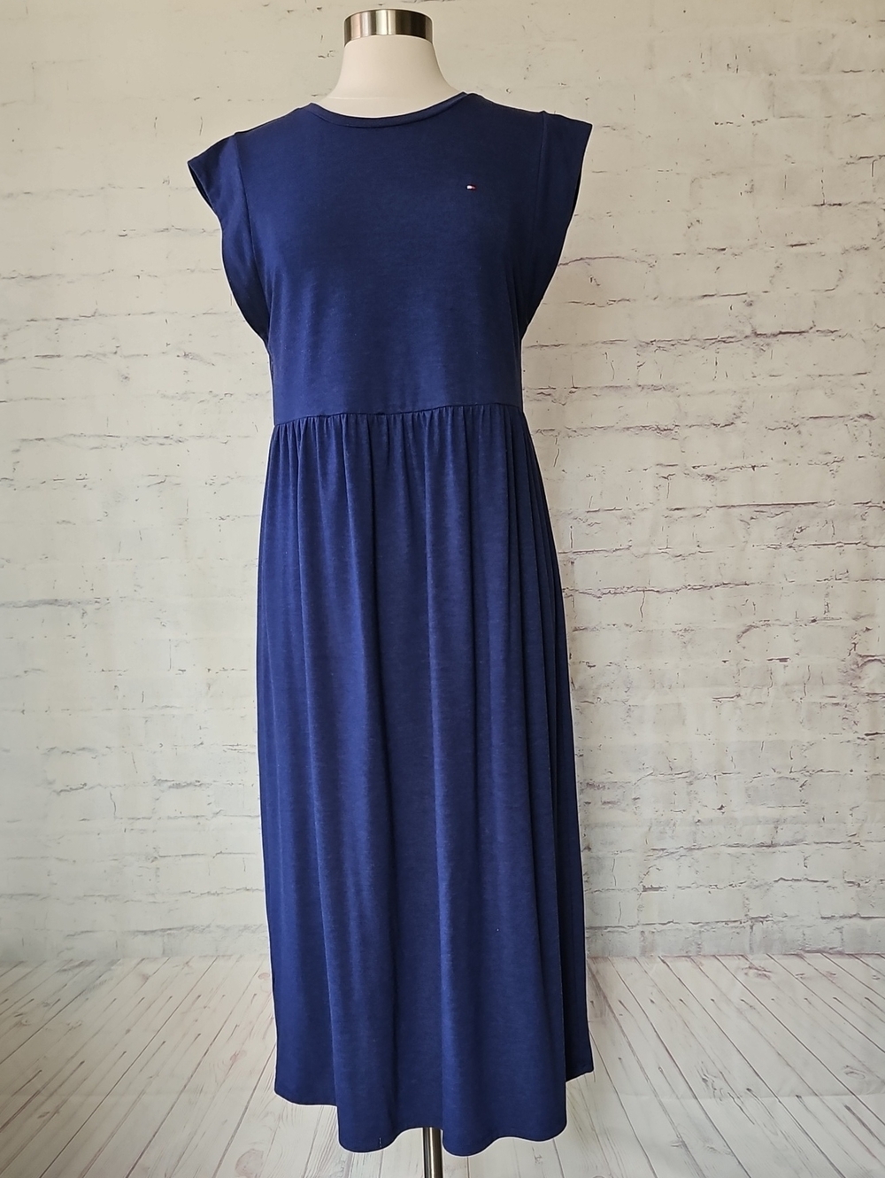Tommy Hilfiger Navy Blue Cotton Blend Knit Cap Sleeve Midi Dress Medium